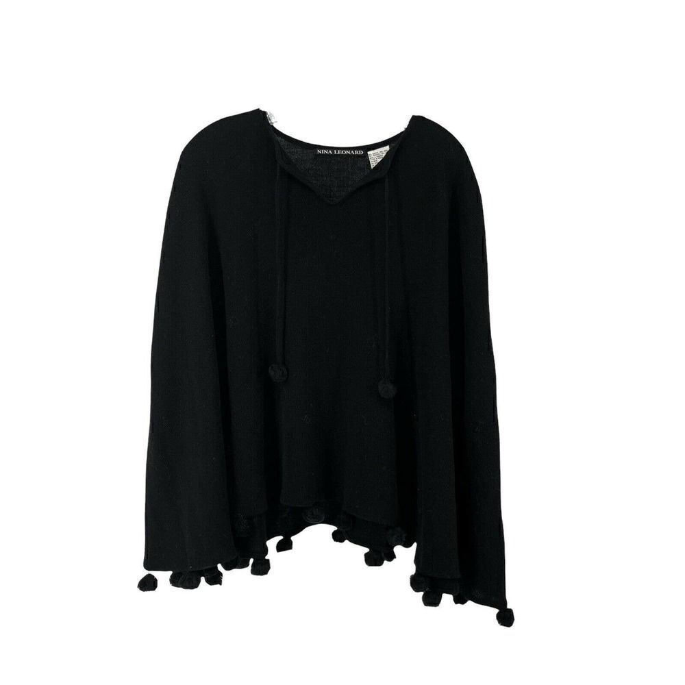 Nina Leonard Poncho Black Wool Blend Faux Fur Pom Pom Trim Size M Boho Sweater